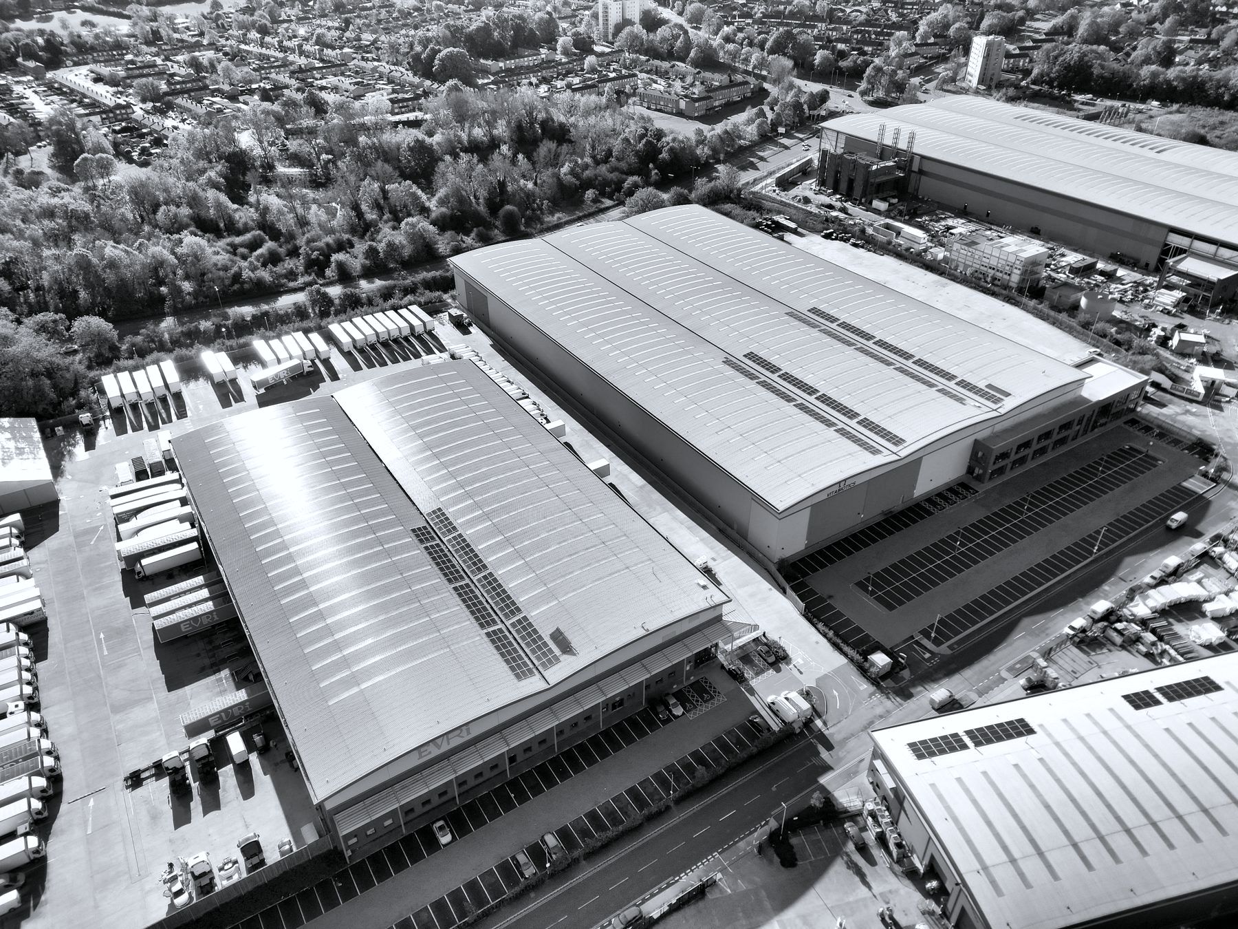 An aerial view of warehouse and distribution buildings