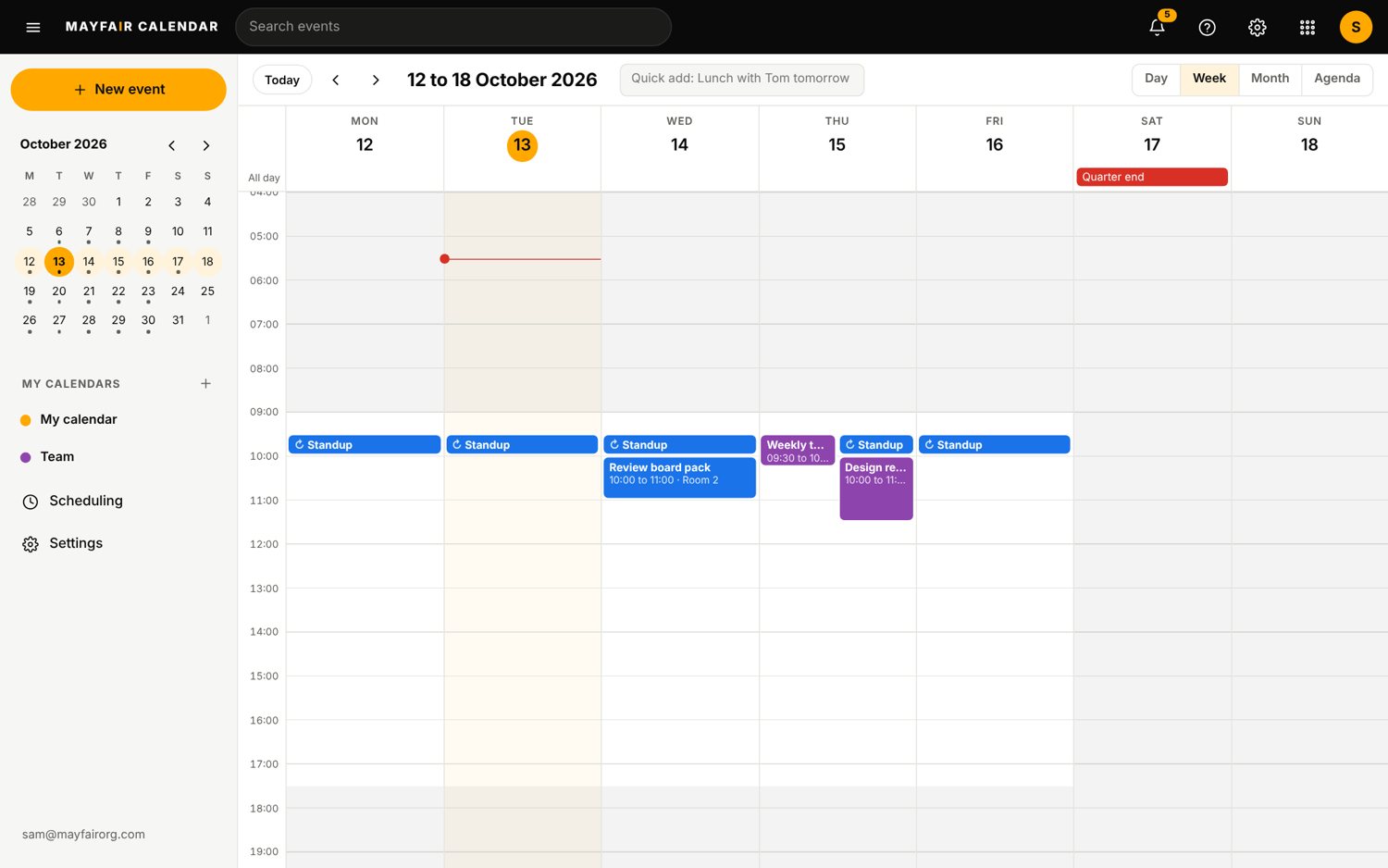 The Calendar app on a laptop, sample data