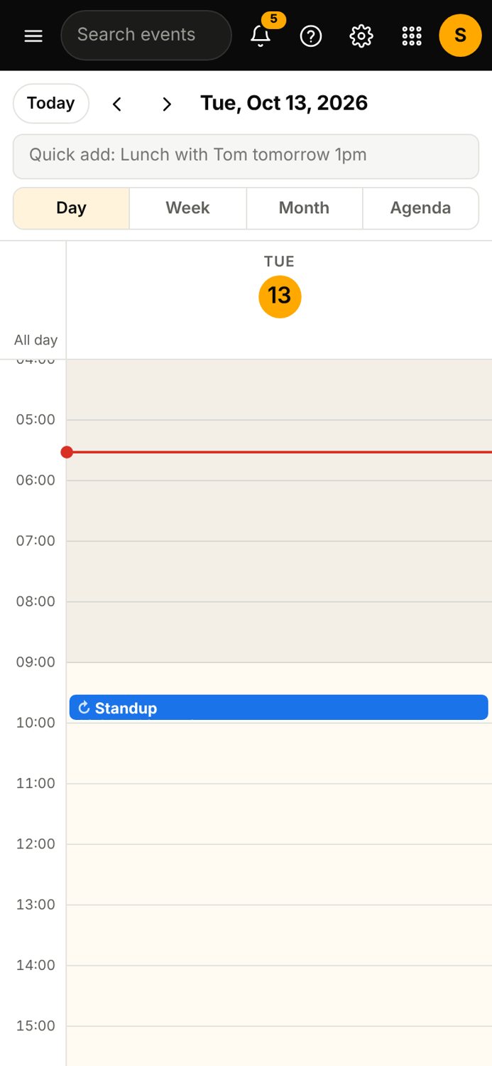 The Calendar app on a phone, sample data