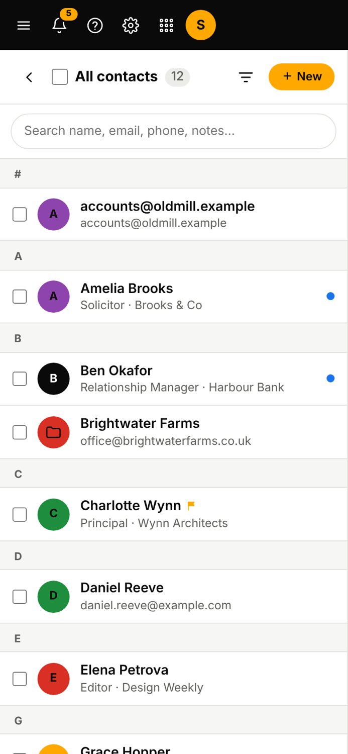 The Contacts app on a phone, sample data