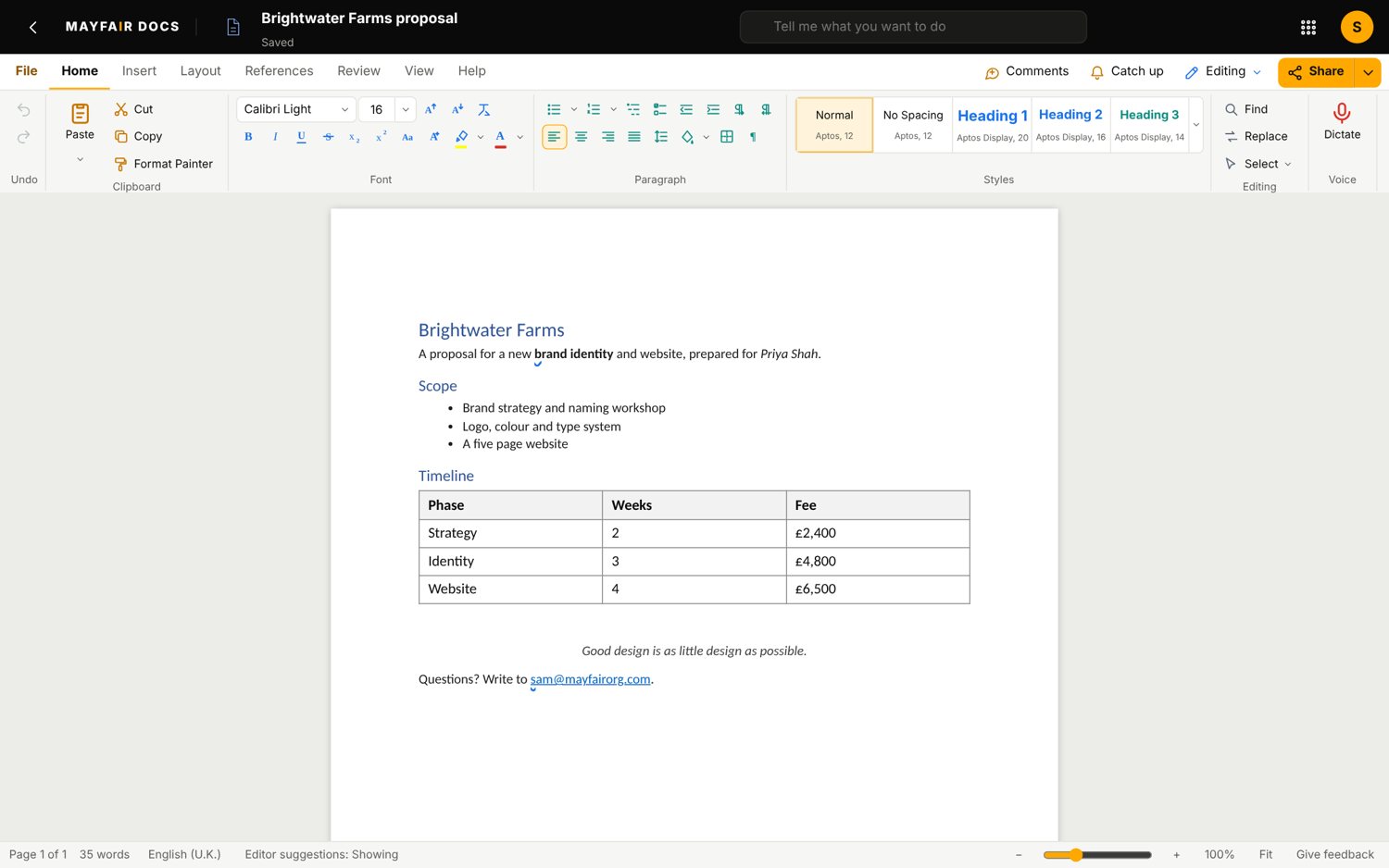 The Docs app on a laptop, sample data