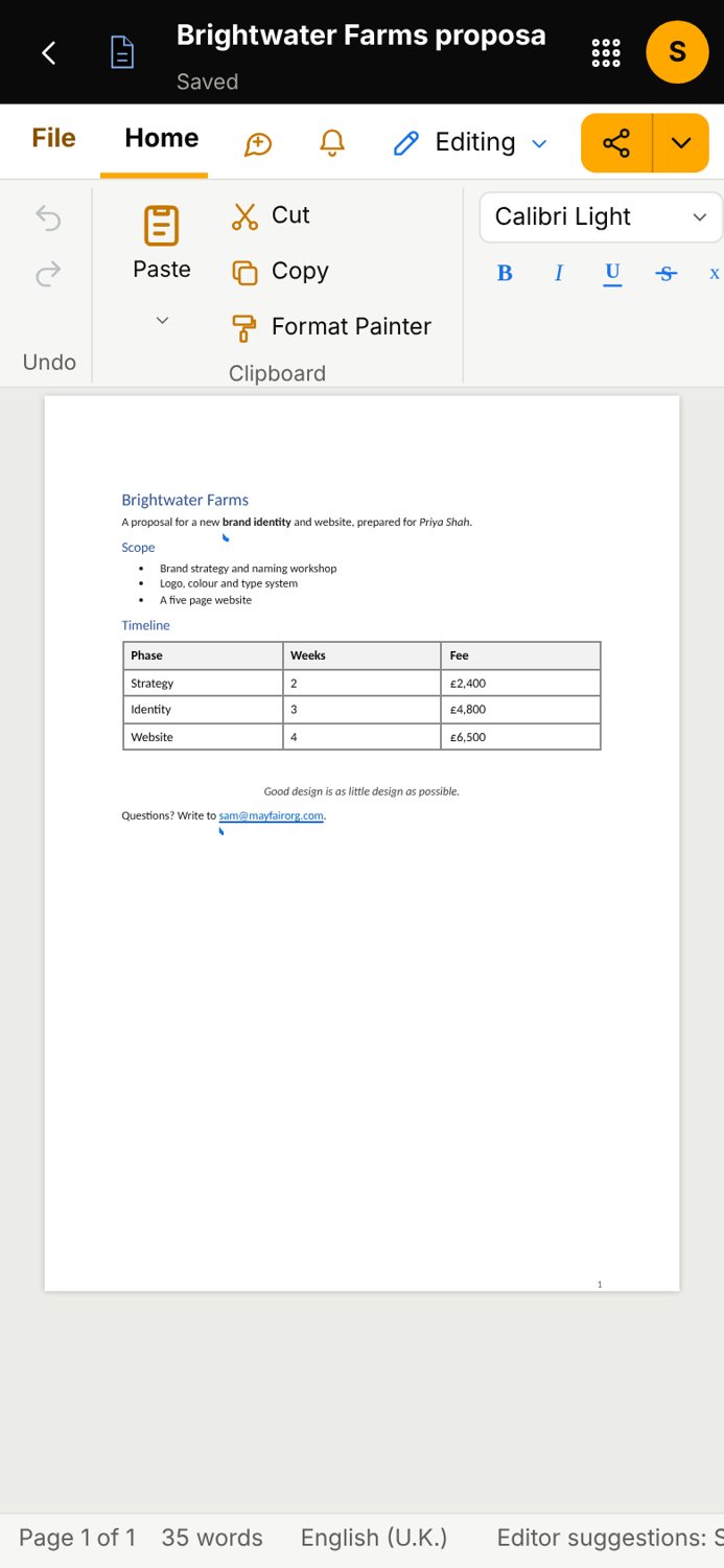 The Docs app on a phone, sample data