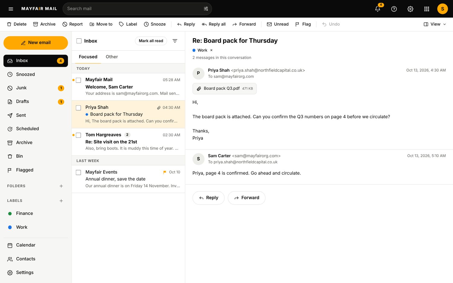 The Mail app on a laptop, sample data