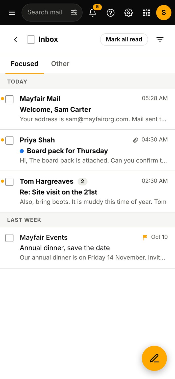 The Mail app on a phone, sample data