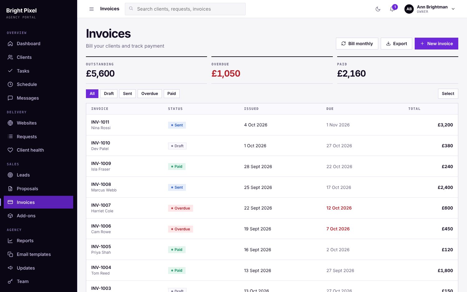 The Invoices screen of Nexus on a laptop, sample data