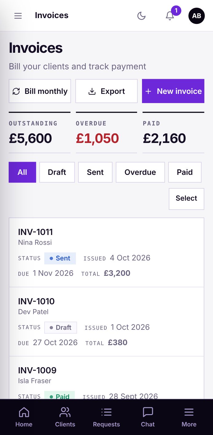 The Invoices screen of Nexus on a phone, sample data