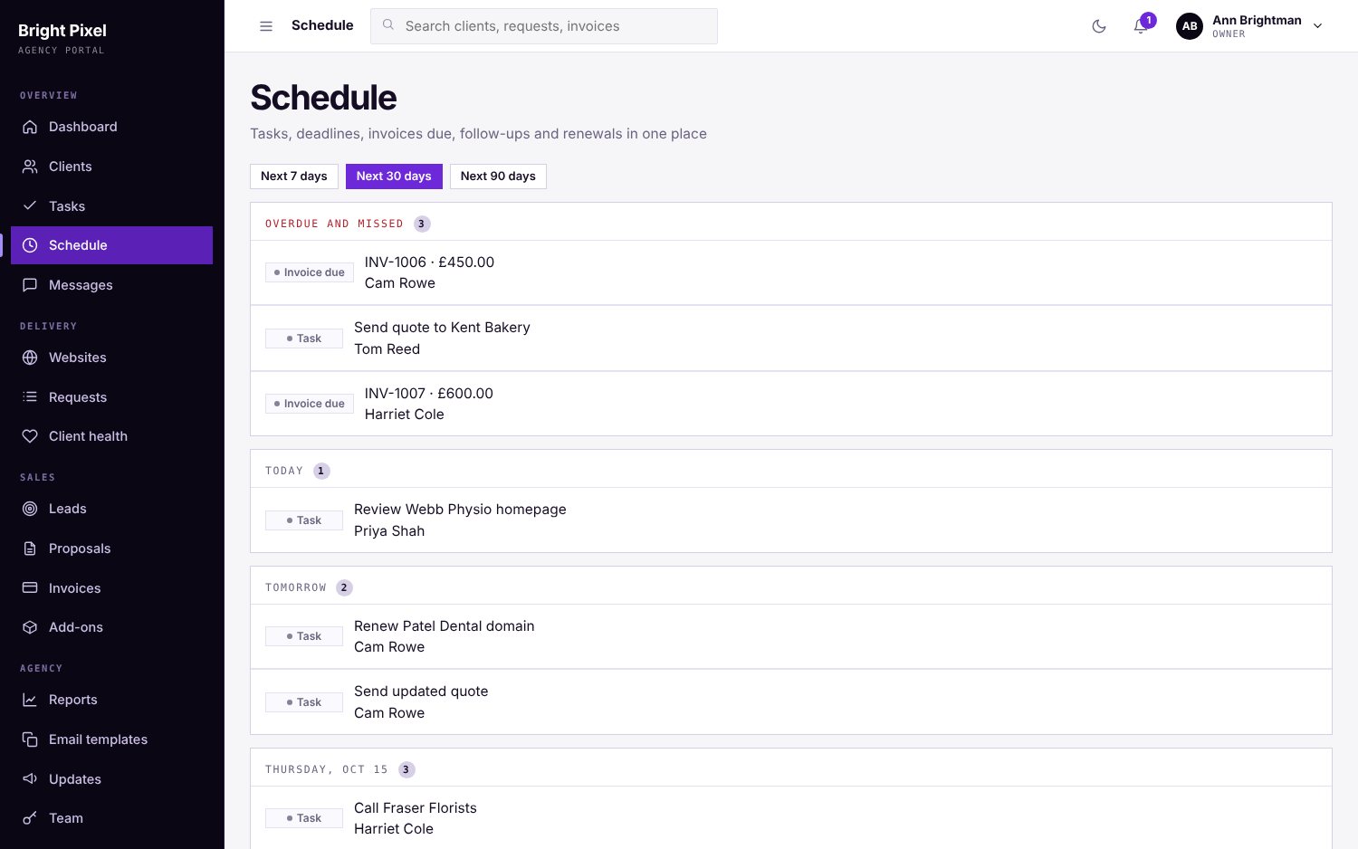 The Schedule screen of Nexus on a laptop, sample data