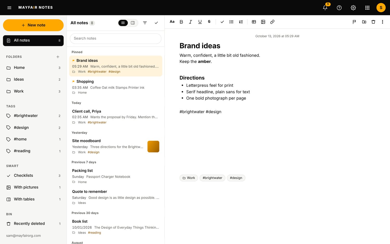 The Notes app on a laptop, sample data