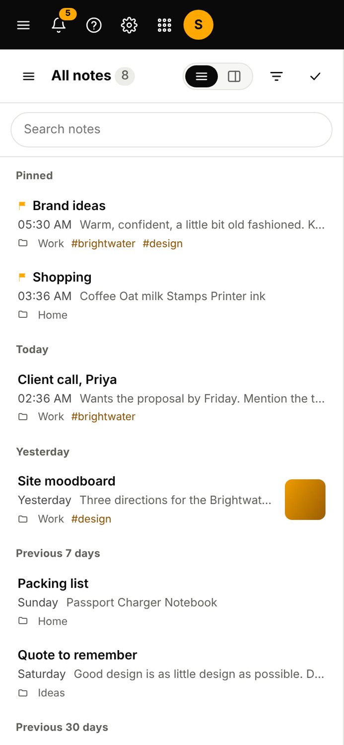 The Notes app on a phone, sample data