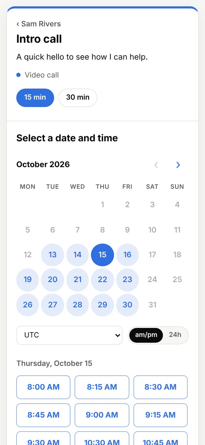 The Scheduling app on a phone, sample data