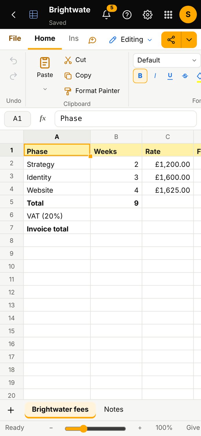 The Sheets app on a phone, sample data