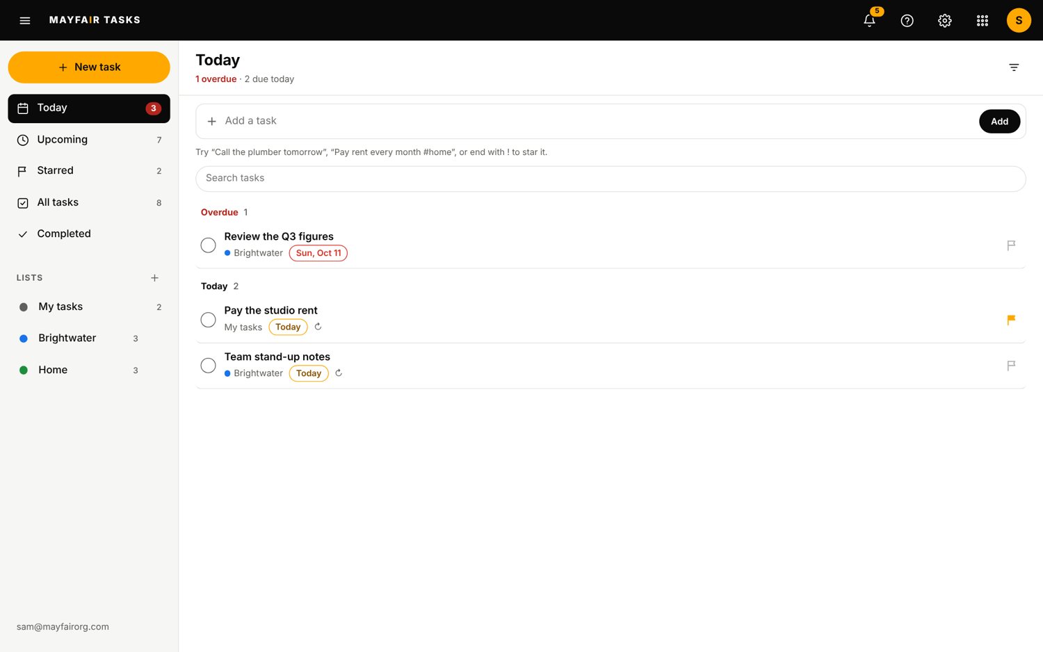 The Tasks app on a laptop, sample data