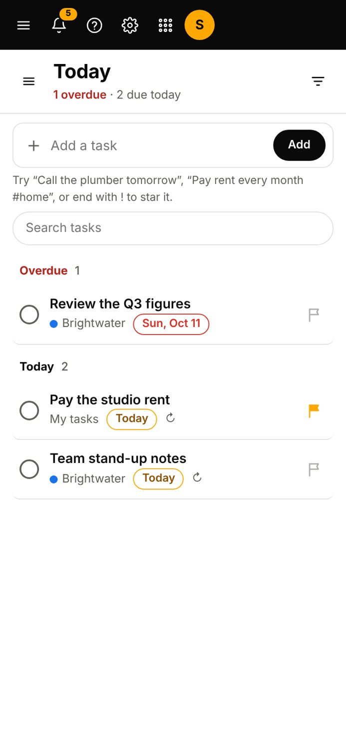 The Tasks app on a phone, sample data