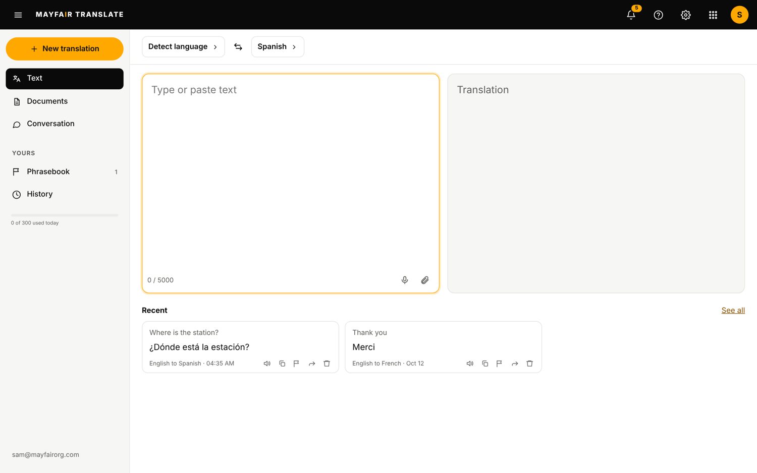 The Translate app on a laptop, sample data