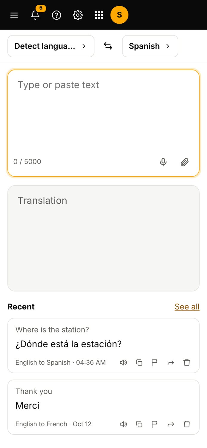 The Translate app on a phone, sample data
