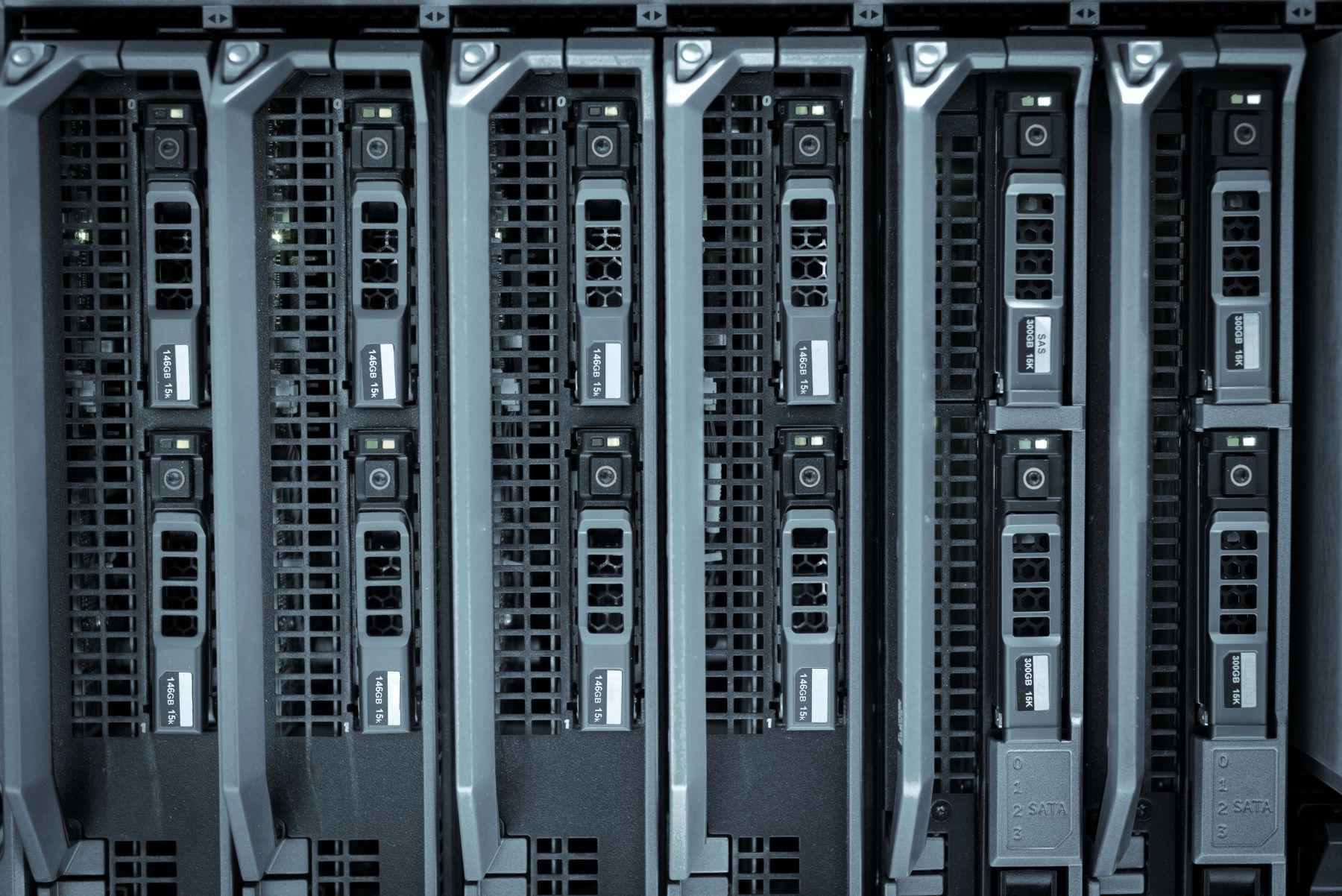 Rows of servers with blue status lights