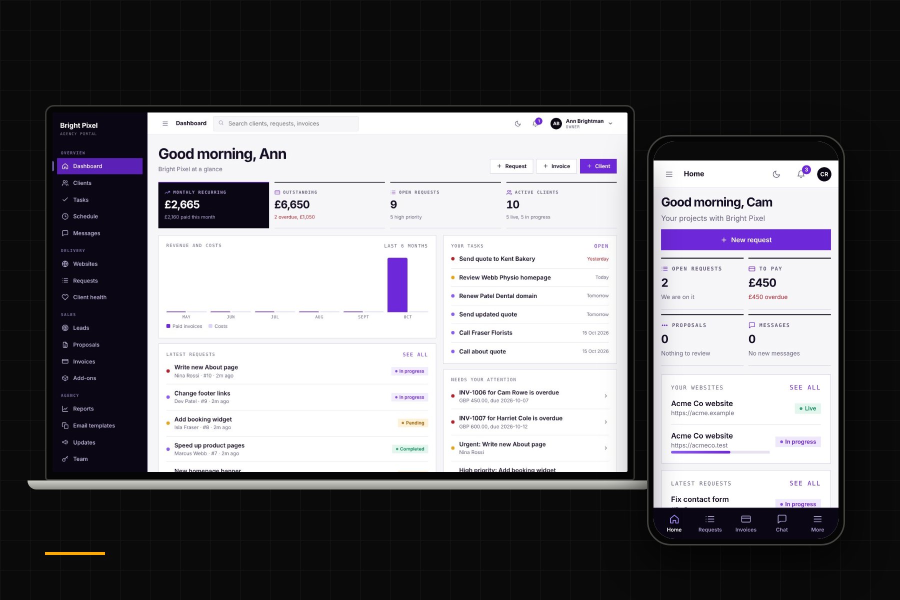 Nexus on a laptop and a phone, showing the agency dashboard and client portal (sample data)